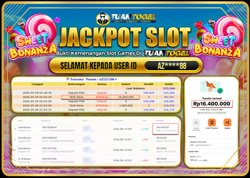 TUANTOGEL JACKPOT SLOT SWEET BONANZA Rp16.400.000, - LUNAS 